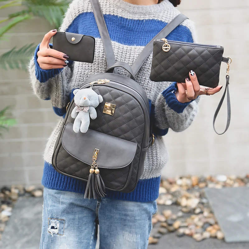 2018 New Shoulder Bags 3 Pcs Bear Tassel Backpack Women Bag Diamond Lattice School Bags for Girls Backpacks for Women  Sac A Dos (2)