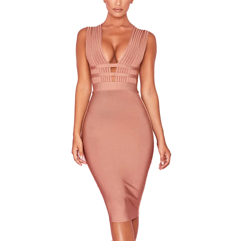 

brown runway deep v neck hollow out knitted sleeveless sexy women's 2019 hl bodycon tank party club bandage dress