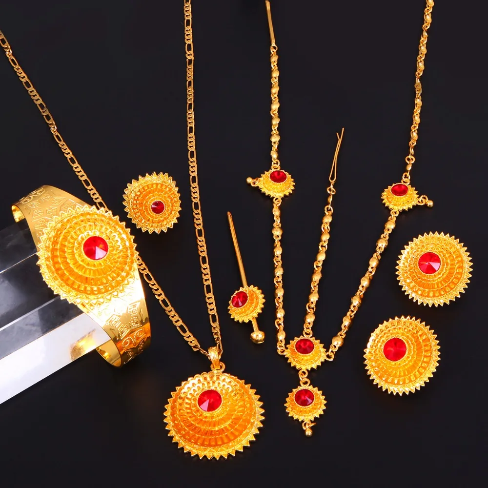 Эфиопский золотые волосы кусок кулон цепи серьги кольцо волос Булавки браслет Эритрея Африка habesha Свадебный комплект ювелирных изделий
