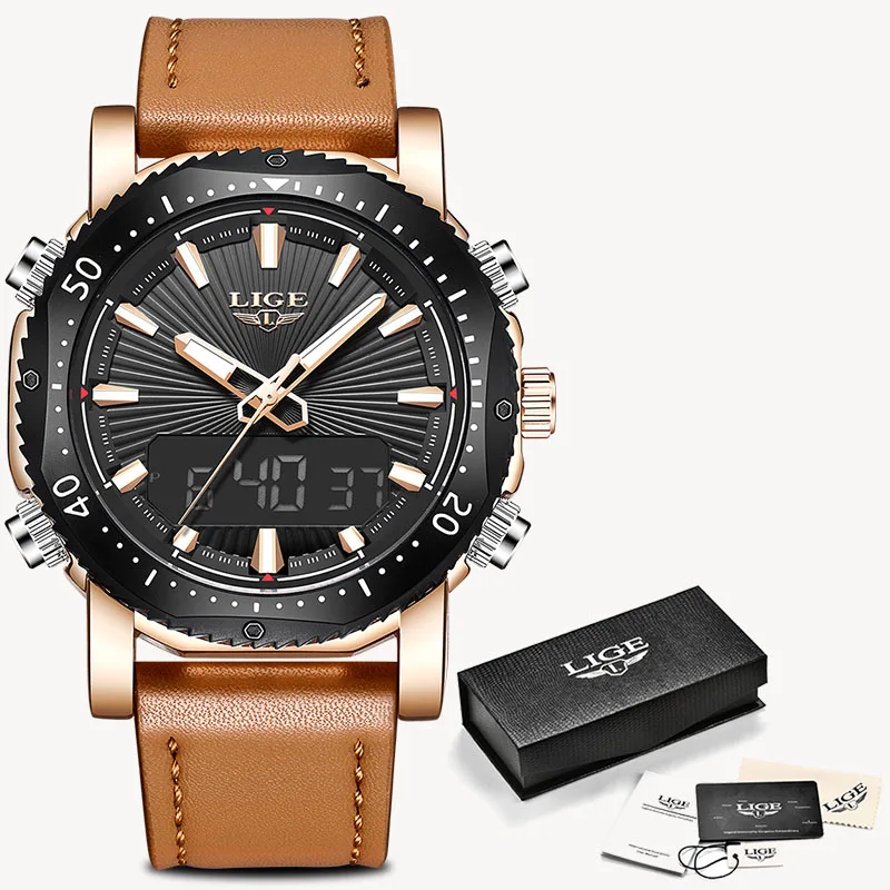 Топ люксовый бренд LIGE военные кварцевые мужские часы светодиодный аналоговые цифровые часы с датой мужские повседневные спортивные часы Relogio Masculino+ коробка - Цвет: Rose gold black