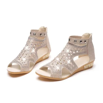 

Women Sandals Open Toe Glitter Flat Heel Zipper Summer Shoes OH66