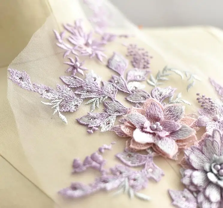 1 шт 40*25 см Розовый Фиолетовый Элегантный 3D цветок вышивка жемчуг бисером кружева аппликация с кружевной отделкой платье Ткань Материал DIY ремесло