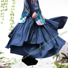 XXL дизайн плиссированные ковбойские длинные юбки женские/вышитые джинсы макси юбка