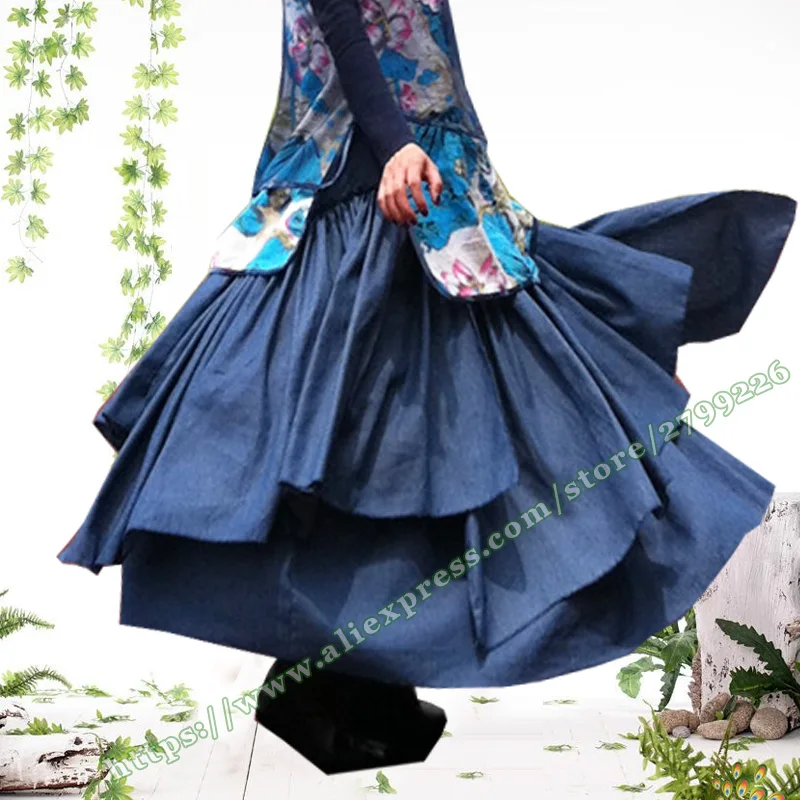 

2017 XXL Original Design Pleated cowboy Long Skirts Womens / Stitching Denim Jeans Maxi Skirt