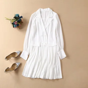 

2019 Summer Fashion White Dress High Quality Women Notched Collar Pleated Patchwork Long Sleeve Work Office Dress Clothing Lady