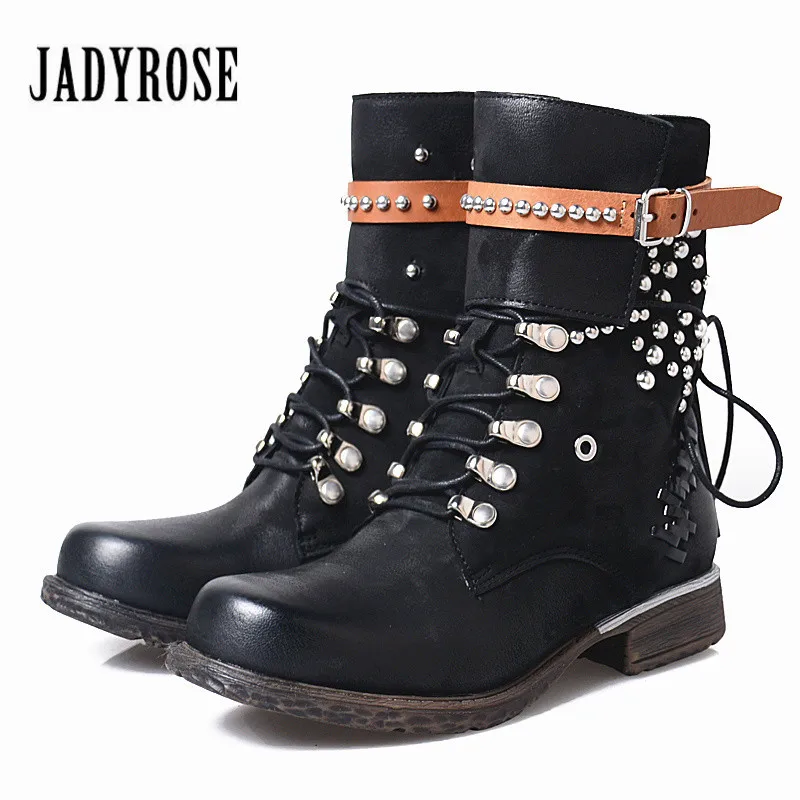 

Jady Rose Vintage Black Ankle Boots for Women Rivets Studded Leather Martin Boot Autumn Winter Female Platform Rubber Boots