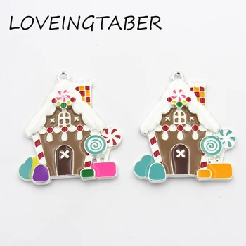 

Newest 42mm*40mm 10pcs /lot Full Enamel Christmas Gingerbread House Pendant For Kids Xmas Necklace Making