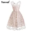 Tonval Women Little Flowers Embroidery Mesh Pink Dress Women Deep V Back Pleated Simple Summer Casual Dresses ► Photo 2/6