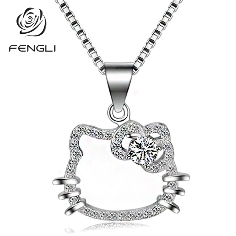 

FENGLI Cute Kids Cat Shape Necklace&Pendant Crystal Hollow Cat Trendy Animal Necklaces Silver Jewelry Lover's Gift