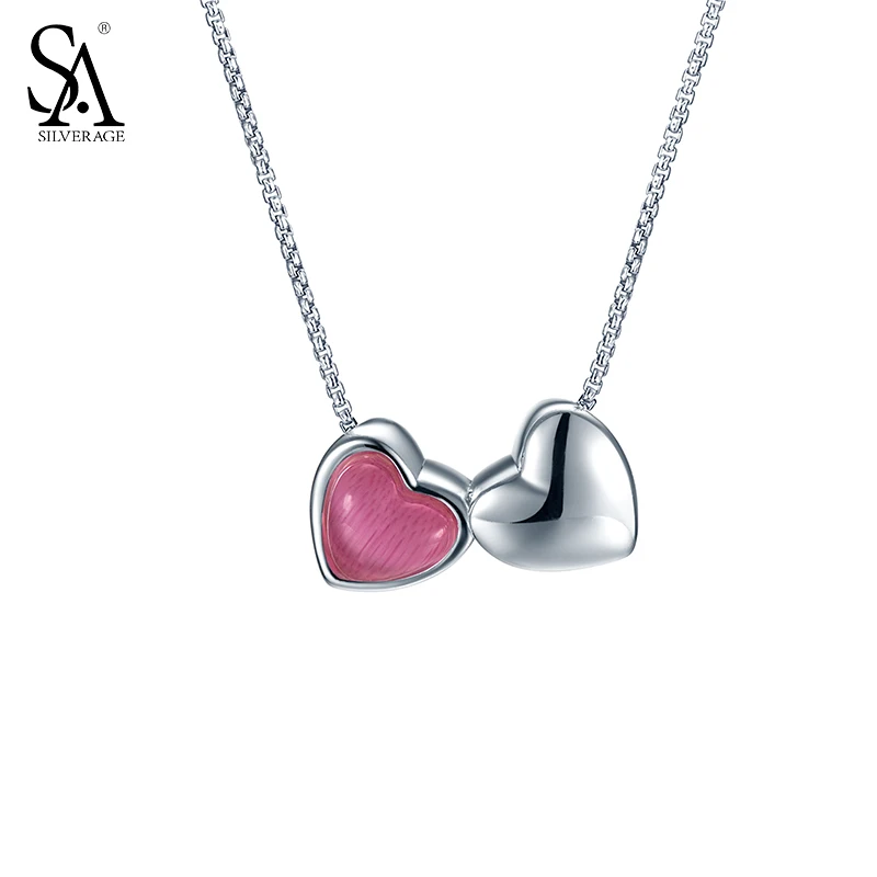 

SA SILVERAGE 925 Silver Jewelry Necklace For Women Double Love Heart Pink Pendant Real Silver Jewelry Women Accessory 2018