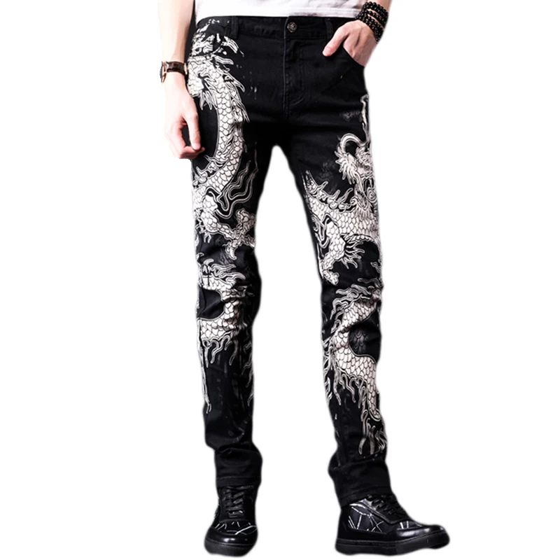 Fashion Dragon Printed Denim Jeans Men Casual Spring Summer Slim Black Painted Straight Pants Cool Streetwear Male Long Trousers Fashion Dragon Printed Denim Jeans Men Casual Spring Summer Slim Black Painted Straight Pants Cool Streetwear Male Long Trousers