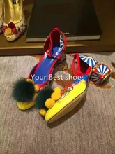 FW2016 Women’s Fashion shoes fur trim multi color mary jane pumps Luxury Flowers Cover Women Glitter Pumps