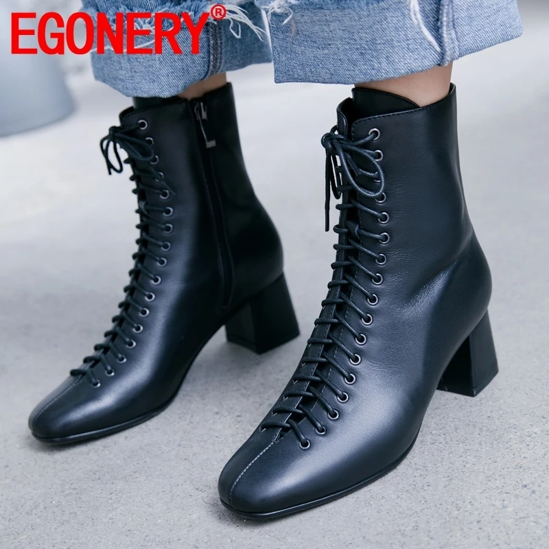 

EGONERY woman shoes 2019 autumn new fashion square toe cross-tied ankle boots outside high heels zip black shoes drop shipping