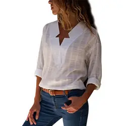 Для женщин рубашки 2019 летние топ из тонкой ткани v-образным вырезом с длинным рукавом Нерегулярные плед свободные Повседневное белый топ