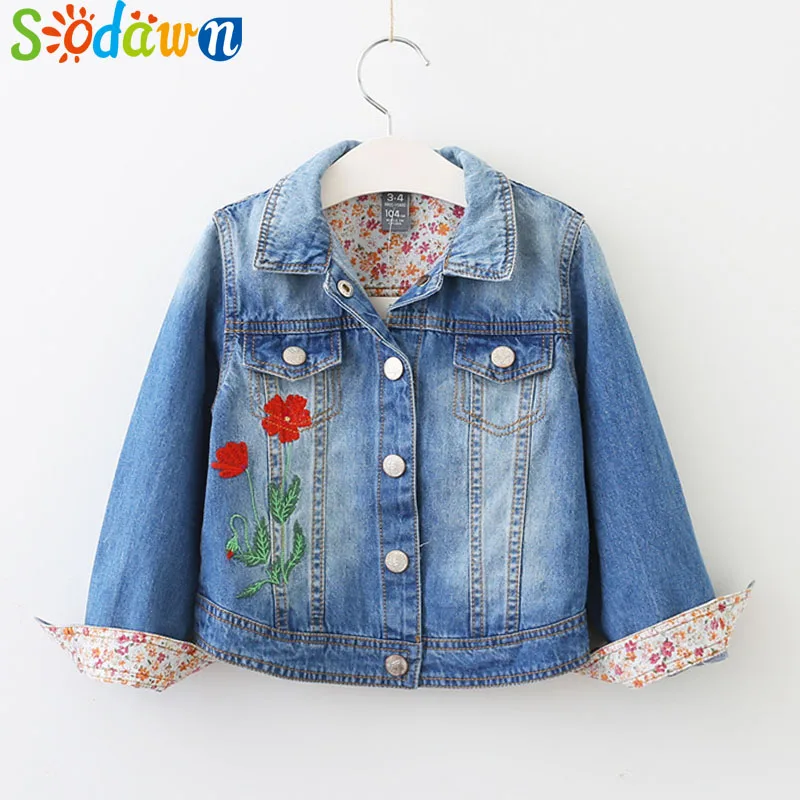 

Sodawn Autumn New Flower Embroidery Lapel Girl Coat Kids Denim Jacket Fashion Children Clothes Children Outerwear&Coats