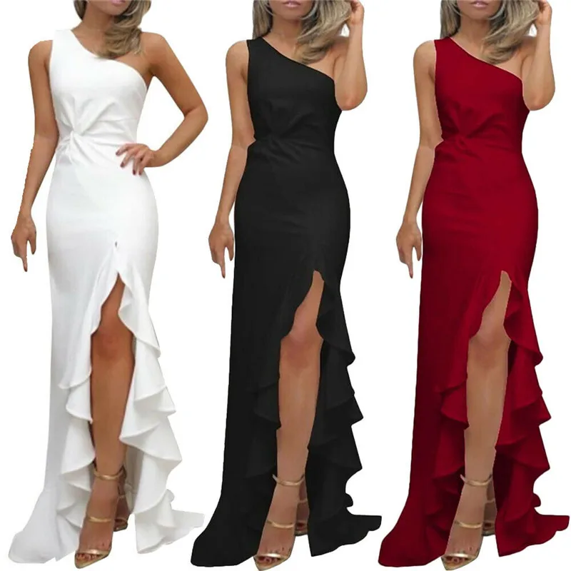 

Eleghant Women's Long Dress 2019 Brand New Formal Patry Thigh-High Split Sundress Ladies One Shoulder Ruffles Trumpet Dress