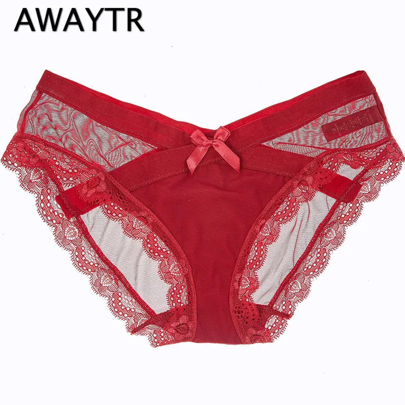 Awaytr Women Sexy Panties Lace Bow Briefs Transparent Mesh Low Waist