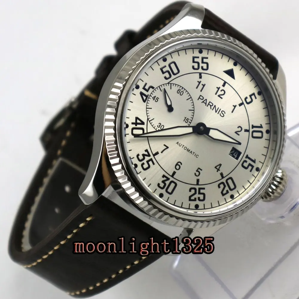

45mm Parnis silver dial date window ST2555 Automatic Movement Mens Watch