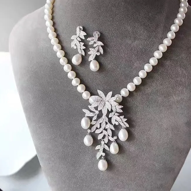 jewelry set natural fresh water pearl pendant necklace and drop earring