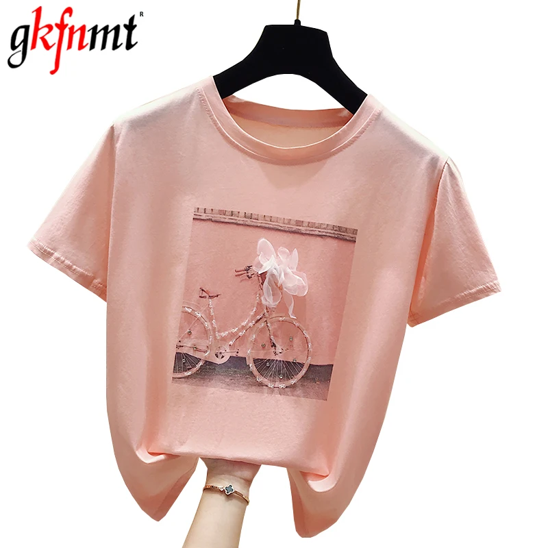 Gkfnmt модная женская летняя футболка с крутым принтом, белая хлопковая женская футболка, Повседневная футболка Harajuku, женская розовая свободная футболка