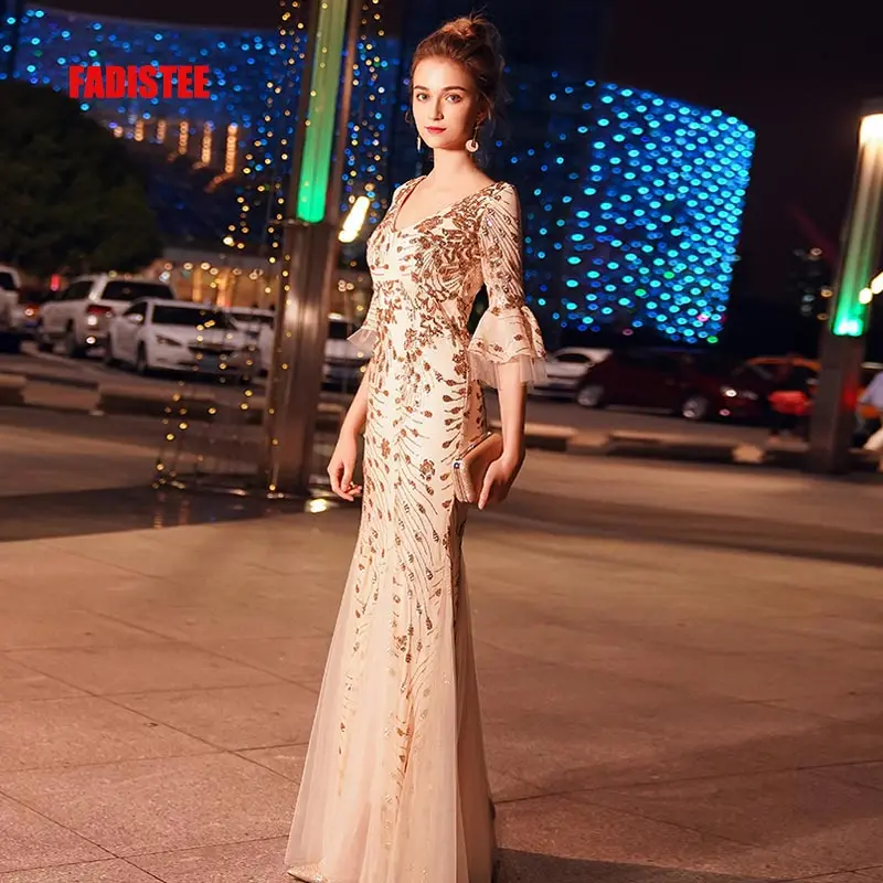 FADISTEE Новое поступление элегантные вечерние платья для выпускного вечера Vestido de Festa платье Русалка Robe De Soiree 3/4 рукава с блестками - Цвет: Золотой