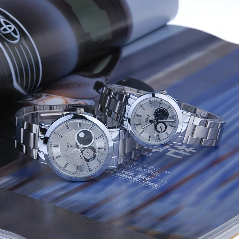 Luxury Brand NARY Full Silver Stainless Steel Couple s Quartz Wrist watches Waterproof Retro Male Business