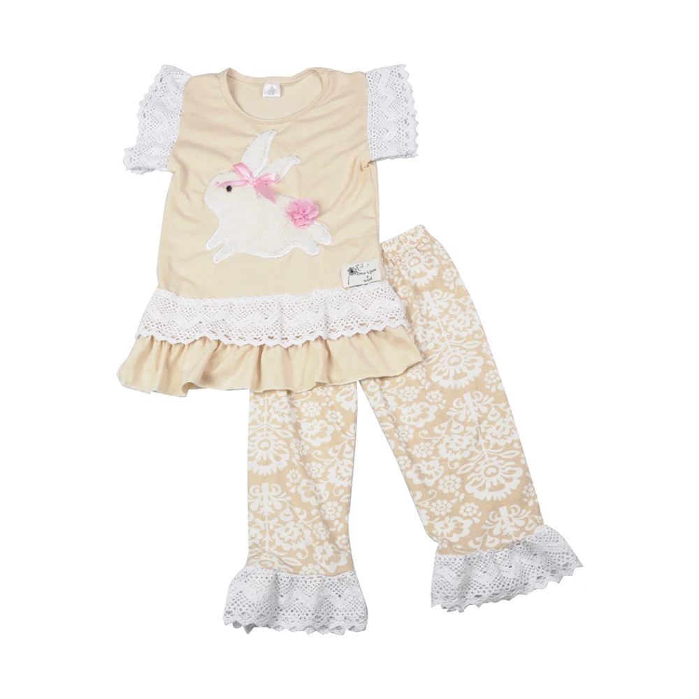 New-Arrival-Girls-Beige-Color-Bunny-Pattern-Butterfly-Sleeve-Top-Print-Pant-For-Easter-Kids-Outfits