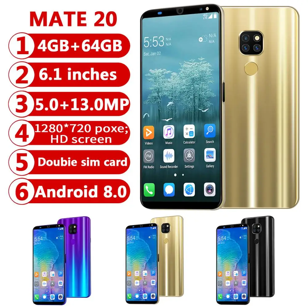 CHAOAI Smart Phone Android 4GB+64GB Mate20 Pro 6.1'' Full Screen Smartphone 8 Core Face Unlock Dual Sim 3g Cell Phone