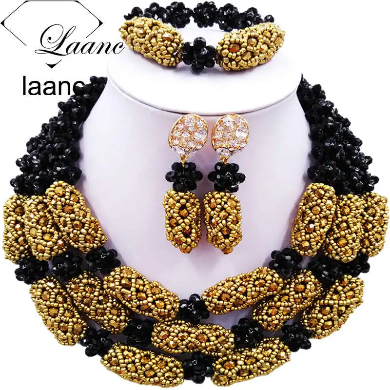 

Laanc Brand Black Golden Color Crystal African Beads Jewelry Set Nigerian Wedding Jewelry Sets XQJZ005