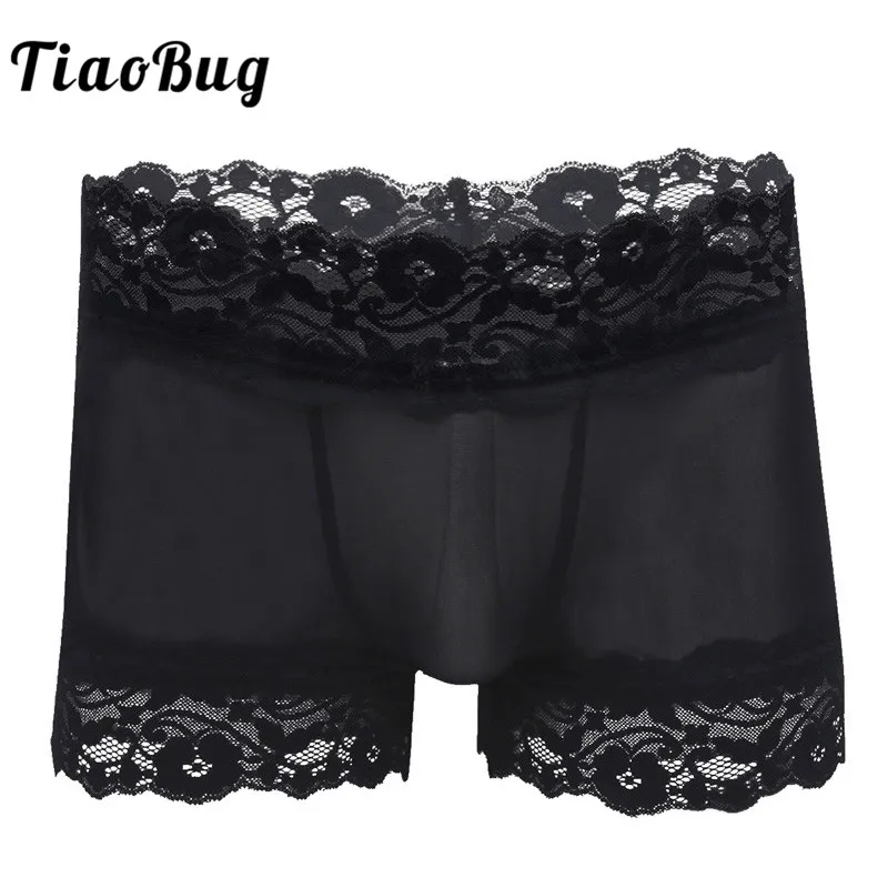 

TiaoBug Men Floral Lace Open Butt Boxer Briefs Hot Sexy Sissy Panties Lingerie Gay Transparent Underwear See-through Underpants