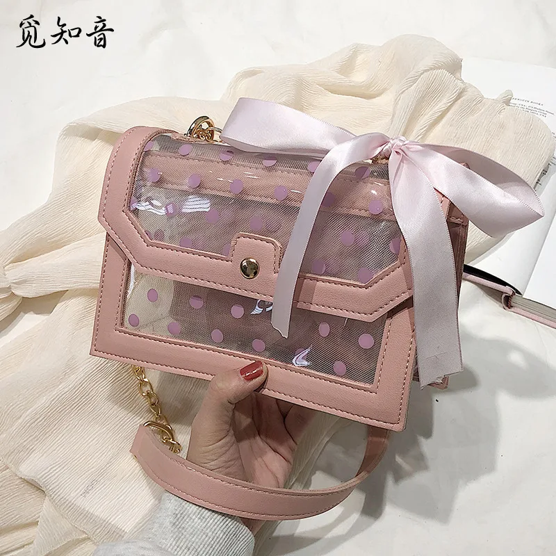 

Style Hot 2019 Beach Transparent Ribbon Decoration Bag Clear Polka Dot Crossbody Flap Women Jelly Letter Pattern Handbags