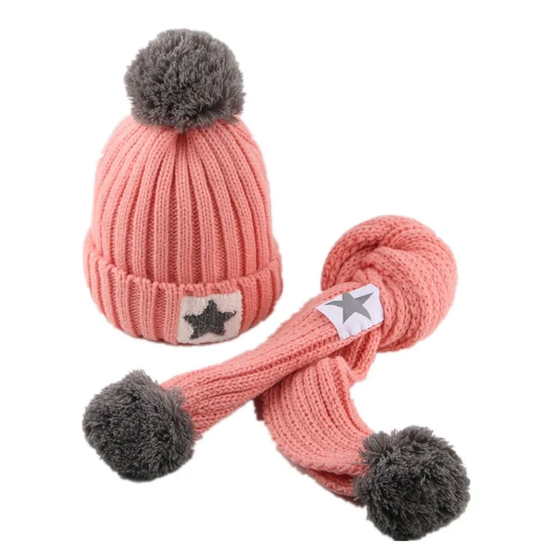 

Winter Soft Fleece Knit Hat Scarf Set Kids Novelty Thickened Scarf with PU Patches +Star Pattern Fur Ball Hat