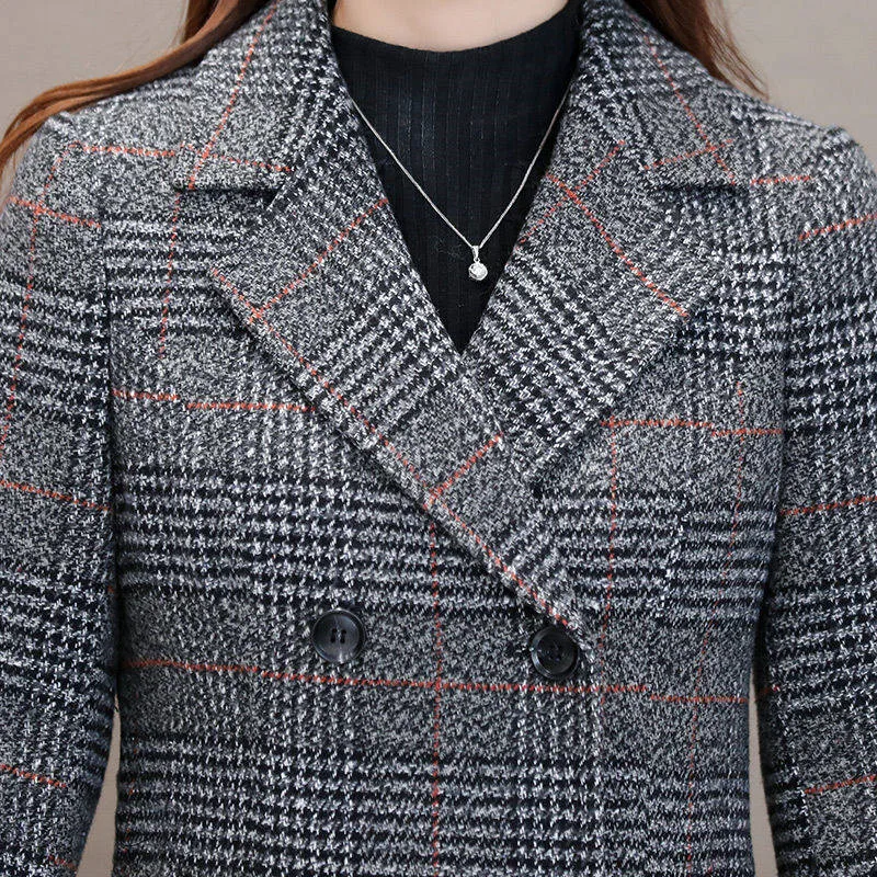 Модное теплое шерстяное женское элегантное двубортное шерстяное пальто, женская длинная верхняя одежда в клетку, зимняя новая одежда