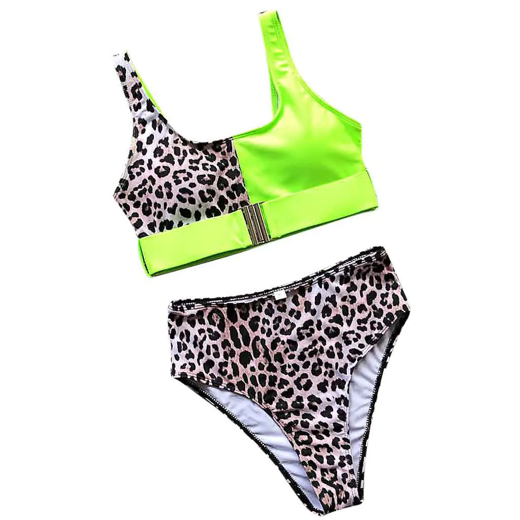 Купальник раздельный леопардовый бикини подкладка пуш-ап женский купальник купальный пляжный костюм biquini feminino для praia - Цвет: Зеленый
