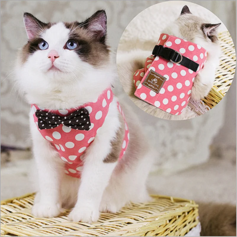 Cat Dog Harness Vest vintage cute dot small pet puppy Bow tie clothes