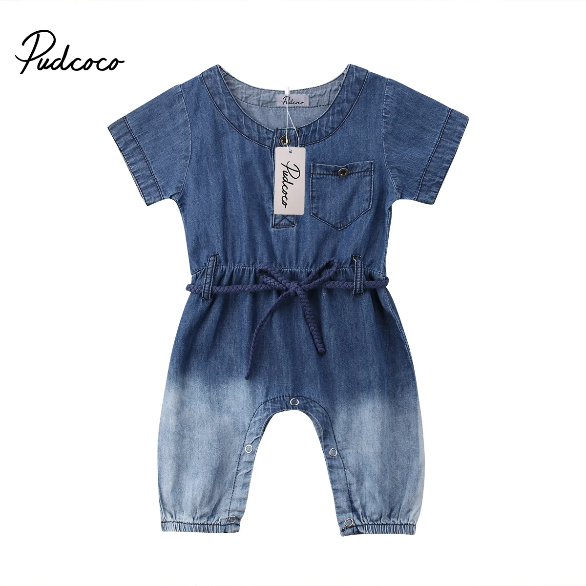 

2018 Brand New 0-24M Summer Casual Toddler Baby Girls Boys Denim Romper Short Sleeve Sashes Blue Jumpsuits Romper Baby Clothes