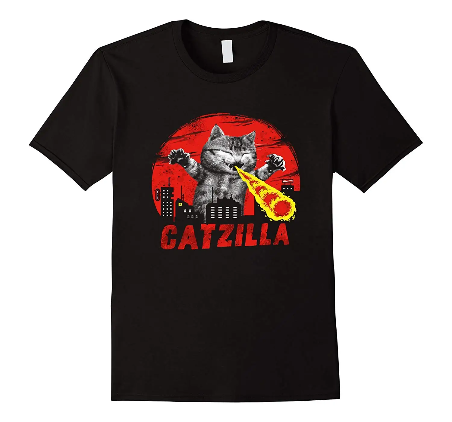 

2019 Funny Catzilla Big Furry Monster Kitten Cute Japanese Cat Shirt Unisex Tee