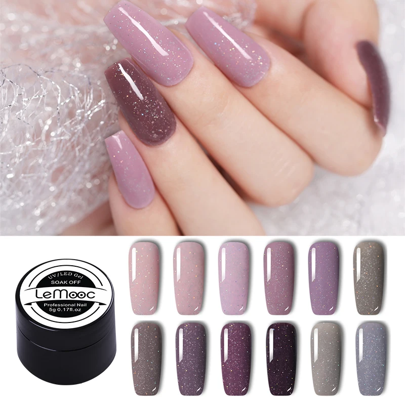 

LEMOOC 5ml Colorful Gel Nail Art Polish Long Lasting Purple Shining Sequins UV Soak Off LED Gel Varnish for Nail Art Design