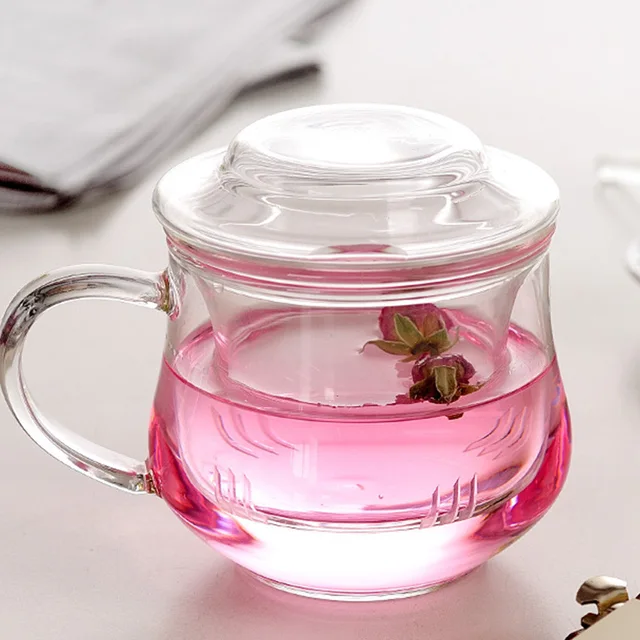 300ml thick heat resistant glass tea filter with cover tea mug creative flower teacup three