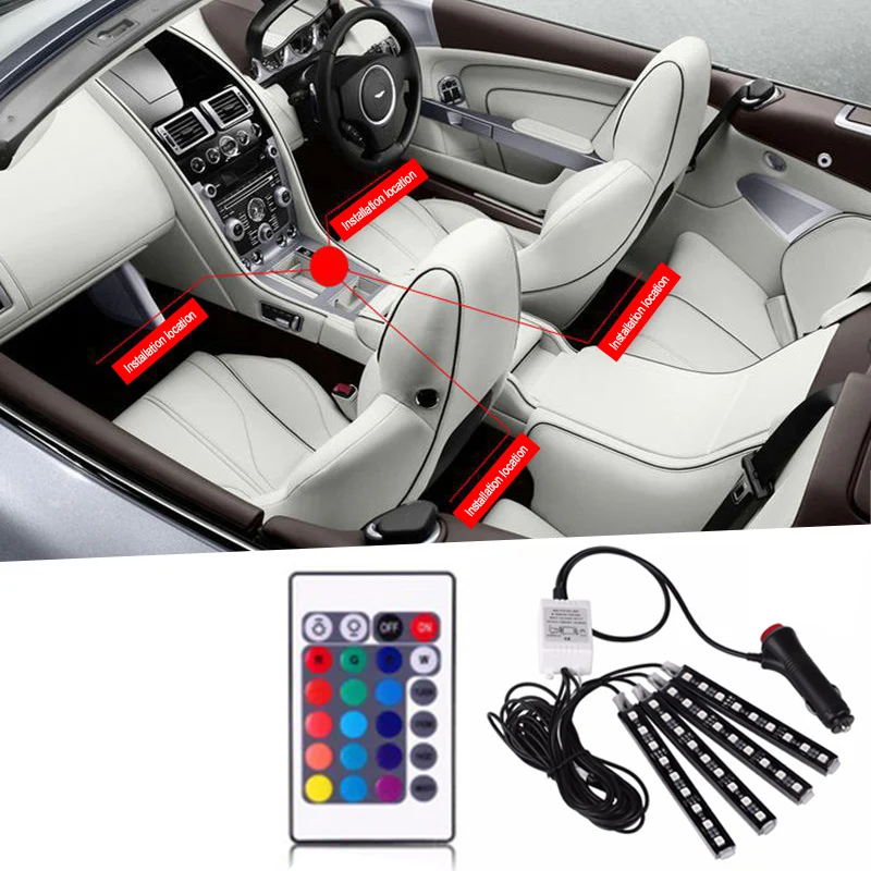 Koop LED licht 12 v auto licht strip RGB draadloze afstandsbediening muziek voice control auto interieur verlichting sfeer lights auto onderdelen