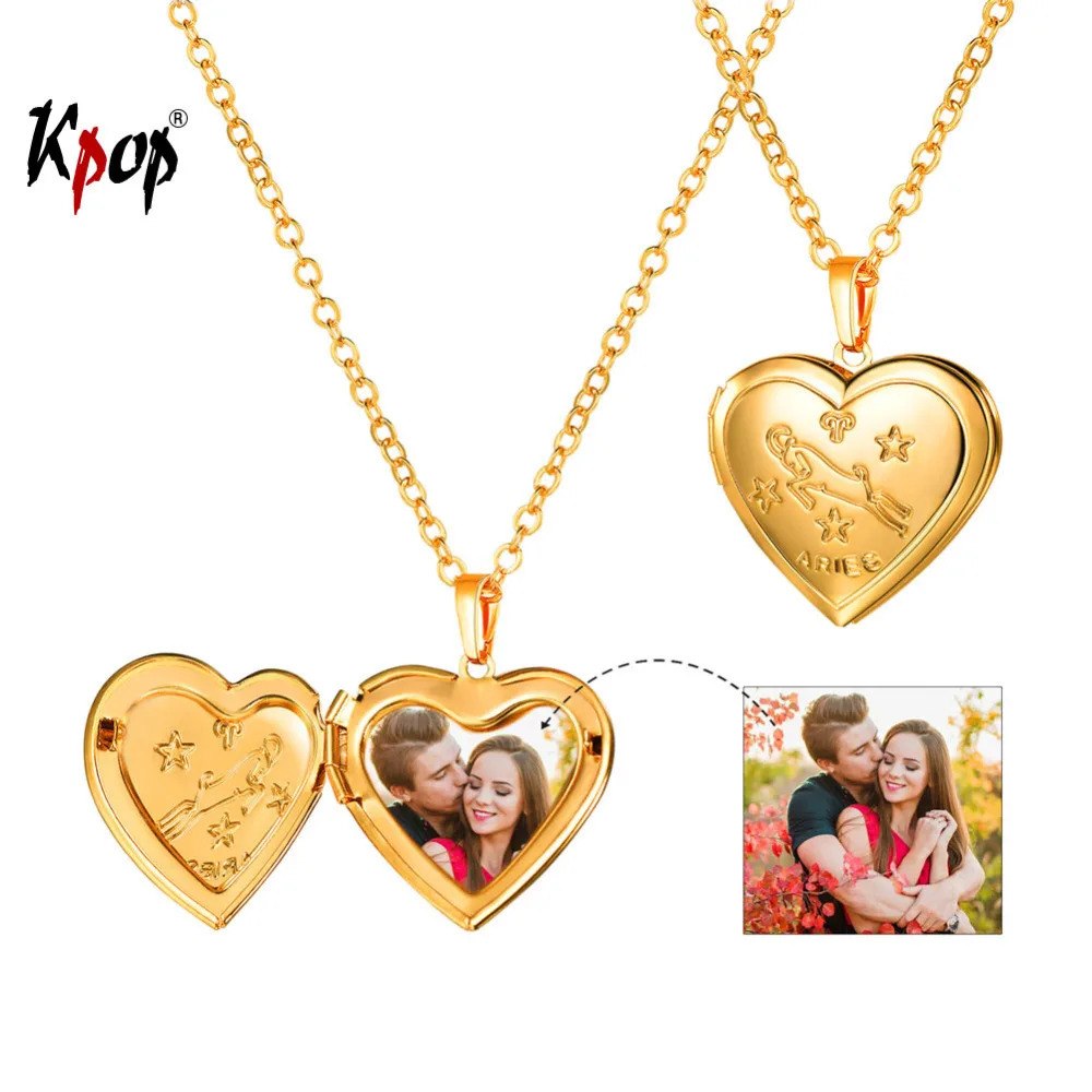 

Kpop Unisex Jewelry Gold Color 12 Zodiac Constellation Signs Heart Shaped Photo Locket Pendent Necklace for Women Men P3207
