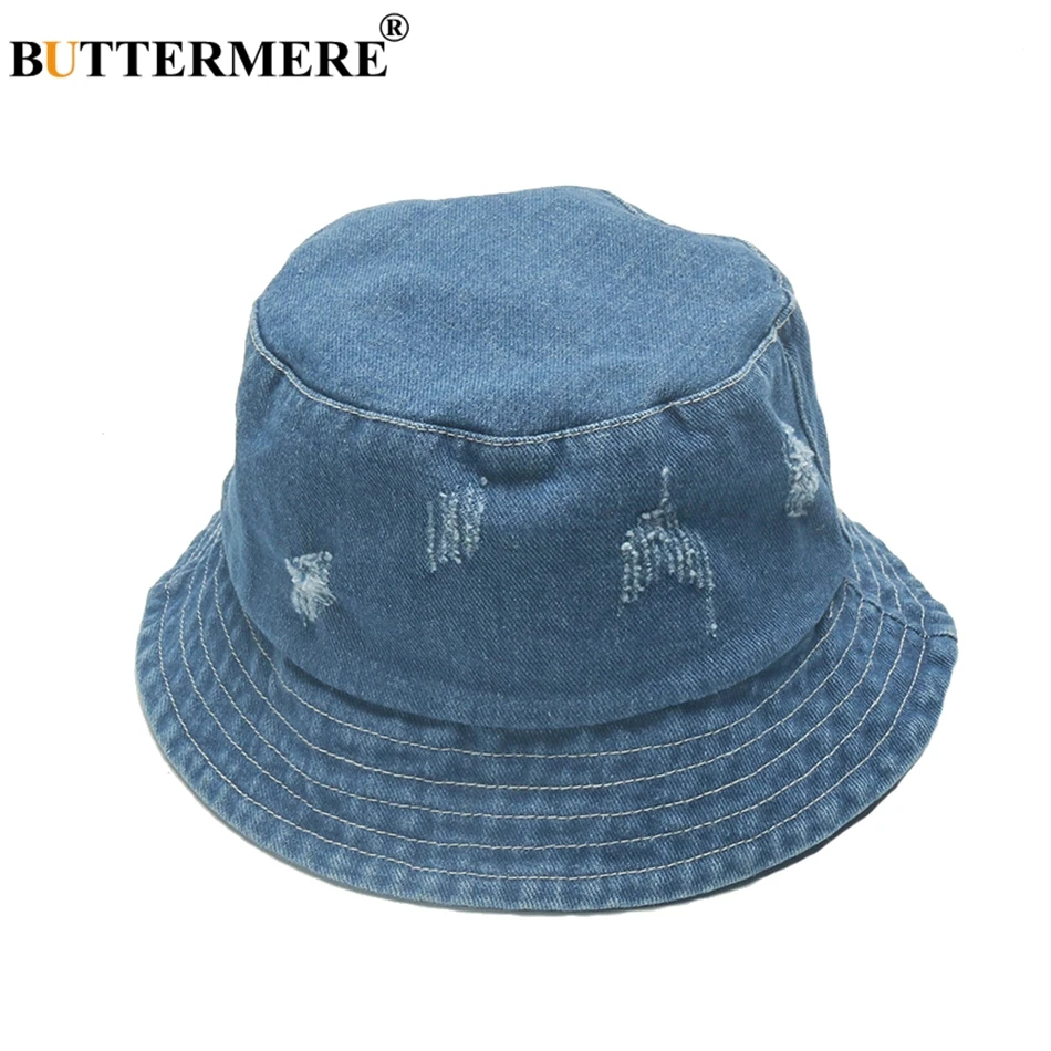 

BUTTERMERE Fisherman Hat Men Denim Female Summer Spring Casual Fashionable Bucket Hats Foldable Korean Ripped Hip Hop Bucket Hat