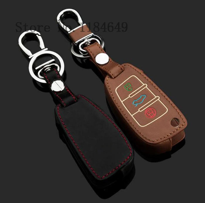 3 button folding / smart car key cover luminous leather car covers case holder ring keychain