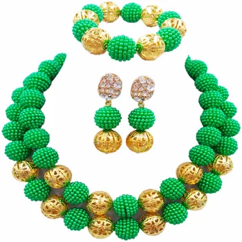 

Green Nigerian Wedding African Beads Jewelry Set Simulated Pearl Custume Necklaces Beads Sets 46JQ06
