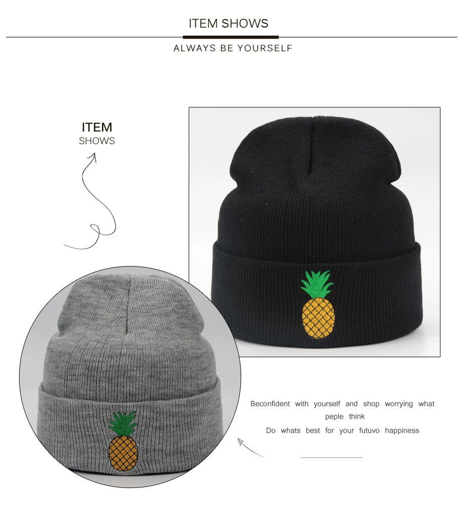 ADK Lady Knitted Hat With Embroidery Pineapple Acrylic Boys Girls Beanie Outdoor Leisure Caps For Women's (5)