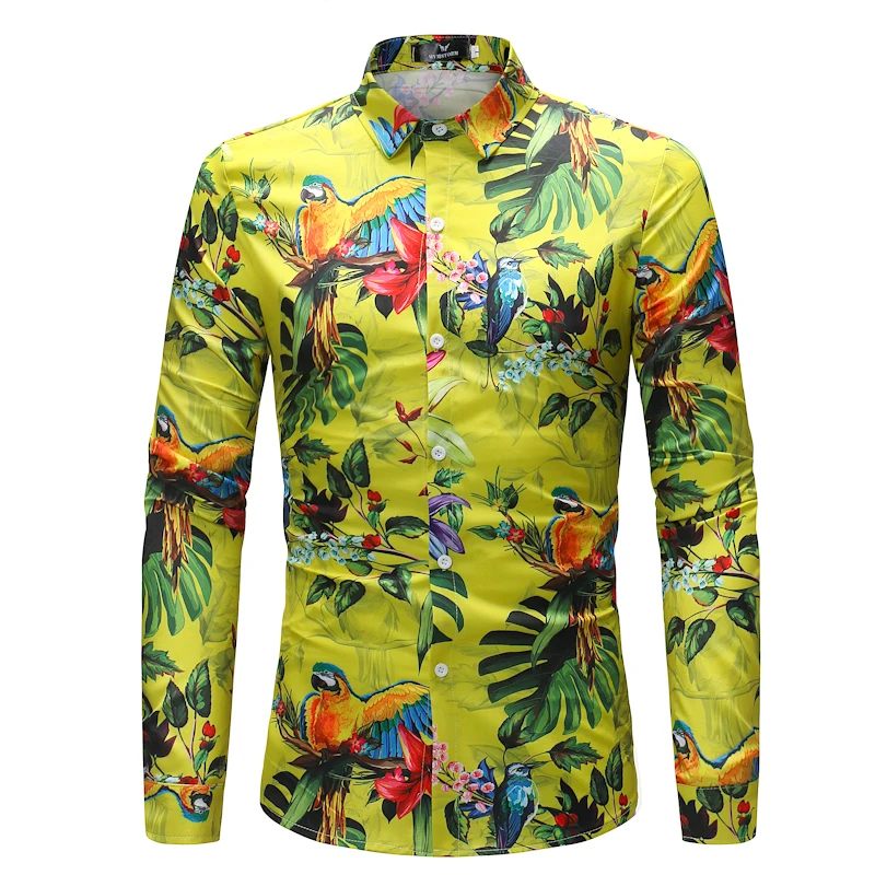 

2018 Fashion Shirt Male Spend The Moon Dress Shirts Slim Fit Turn-Down Men Long Sleeve Mens Hawaiian Shirt Big Size