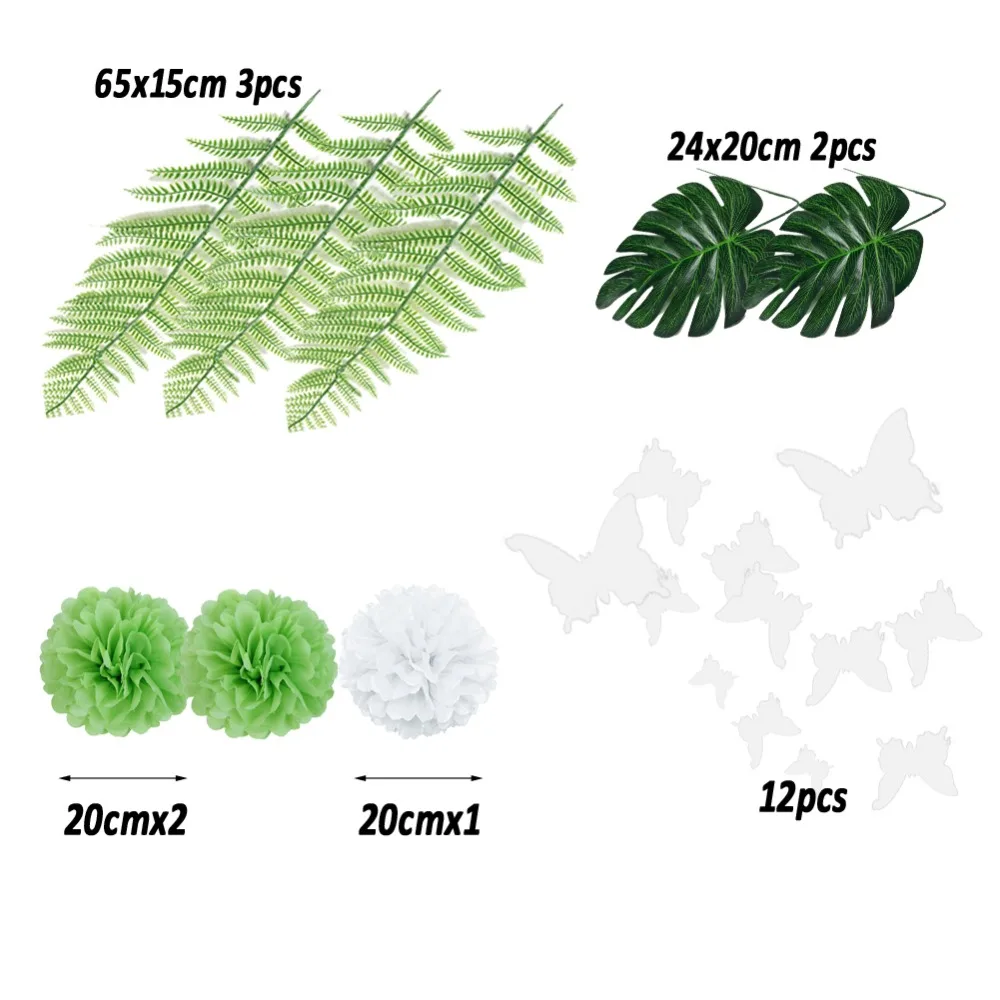 17pc Green White Birthday Party Decoration Set Happy Birthday Banner Palm Leaves Butterfly Wall Stickers Paper Fans Pom Pom
