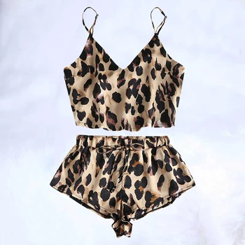 

Sexy Pajama Sets Sleepwear Women Sleeveless Spaghetti Strap Nightwear Leopard Print Satin Cami Top Shorts Summer Pajamas kigurum