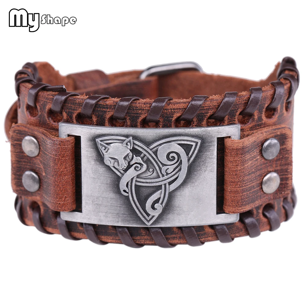 

My Shape Viking Animal Fox Bracelet Vintage Trinity Knot Genuine Leather Bracelets Faith Blessing Cuff Bangles Women Men Gift