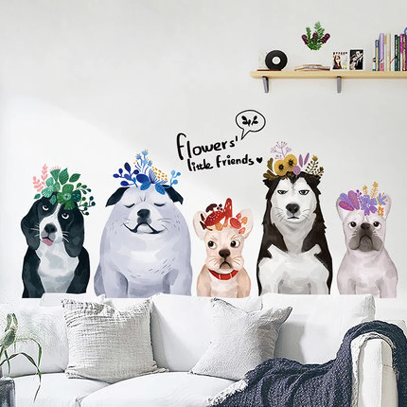 5pcs Dog Set Funny 3D Flower Dog Door Wall Stickers Removable Sitting